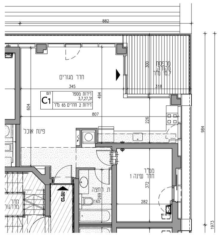 1 bed room + living room plan - 65sqm+8sqm balcony